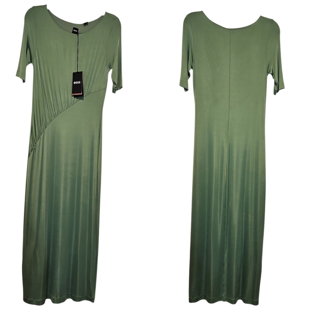 NWT Hugo Boss Etalicy Green Midi Dress Ruched XS - Picture 4 of 10